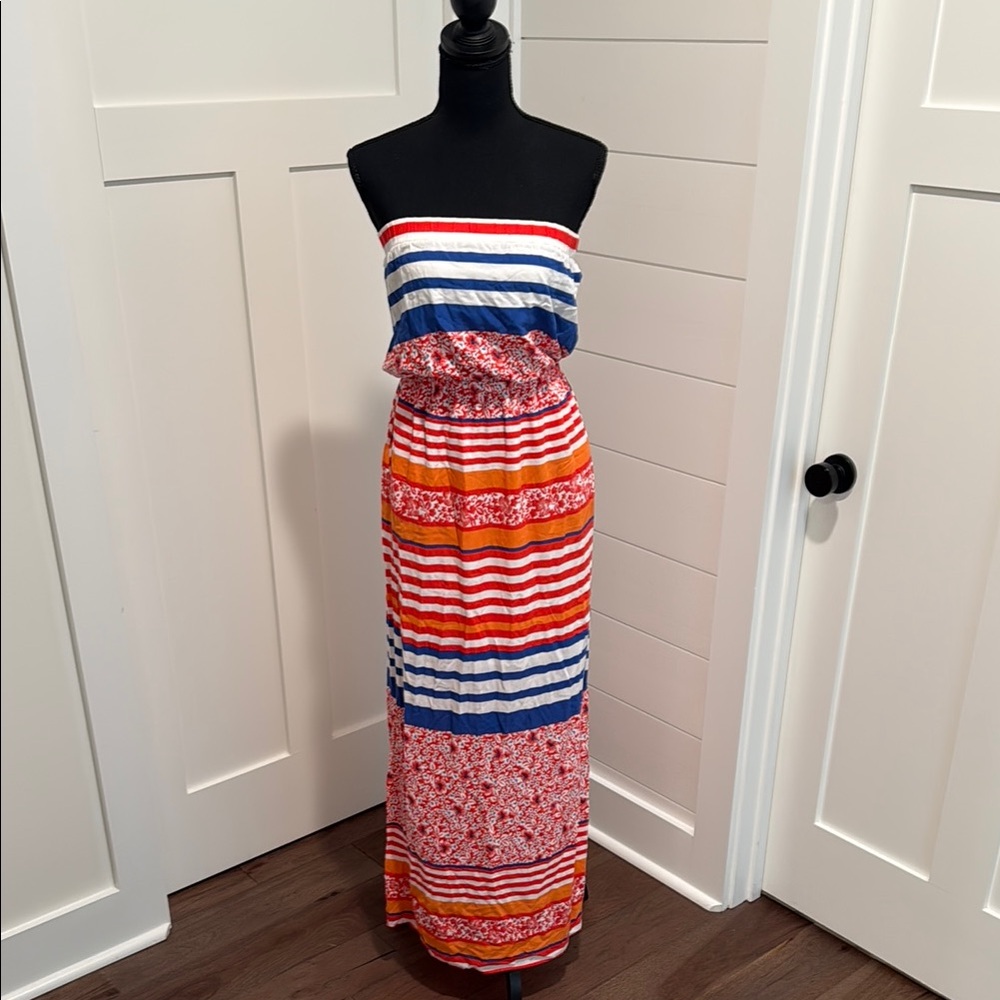 Tommy Bahama Blue & Orange Strapless Maxi T-shirt Like Material Dress w/Pockets